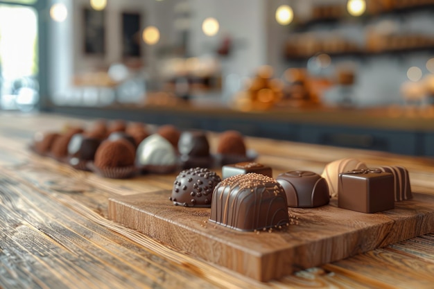 Uitstekend assortiment gourmet chocolade op houten displaybord in Artisan Cafe