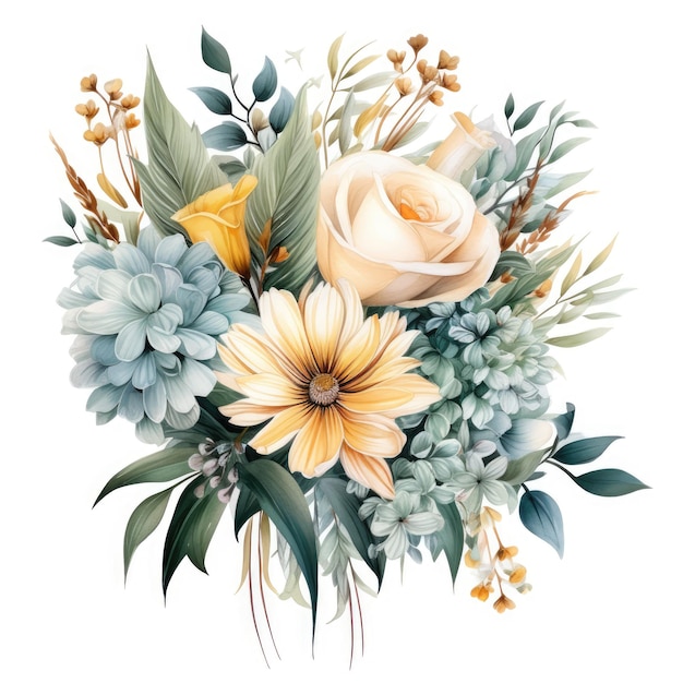 Uitstekend boeket Ultrarealistische aquarelbladeren Clipart en meerdere bloemen in hoge detail