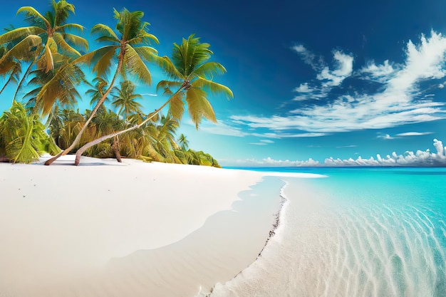 Uitstekend Mooi tropisch strand banner Wit zand en coco palmen reizen toerisme breed panorama achtergrond concept Geweldig strand landschap 3D-rendering Generatieve Ai