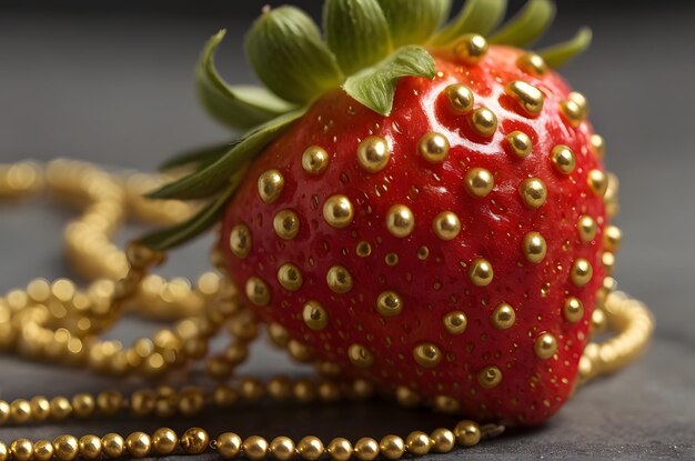 Foto uitstekende aardbeien met ingewikkelde gouden kralen closeup levendige vruchten met elegante versieringen