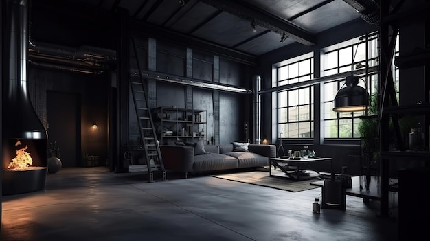 Uitstekende donkere woonkamer loft met open haard industriële stijl generatieve Ai