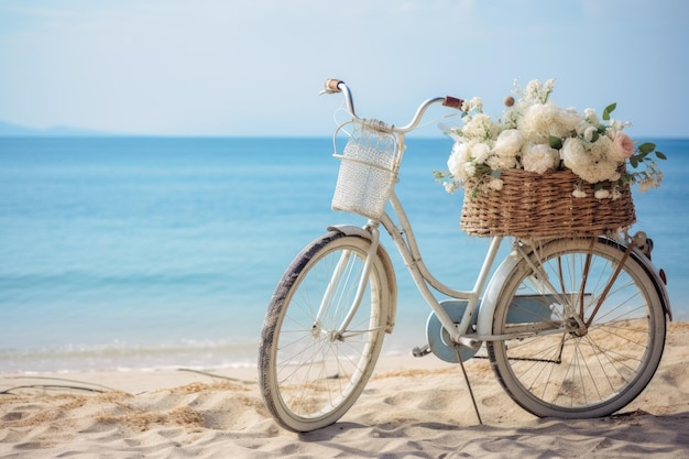 Uitstekende fiets bij strand in ochtend met rieten mand en bloemen