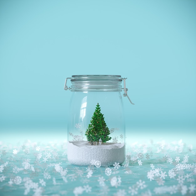 Uitstekende kerstboom met geschenkdoos aanwezig op glazen fles met sneeuwvlokken buiten blauwe achtergrond. 3D minimaal idee Kerst concept idee.