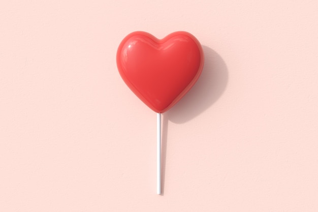 Uitstekende rode hartvorm van Candy lollipop op roze achtergrond. 3D-weergave. Minimaal Valentine Concept-idee.