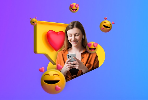 Foto uitzicht op 3d-emoticons die uit het scherm van een elektronisch apparaat komen