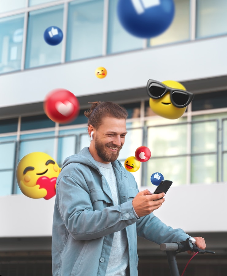 Foto uitzicht op 3d-emoticons die uit het scherm van een elektronisch apparaat komen