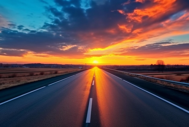 Uitzicht op asfaltweg met prachtige zonsondergang in de avond generatieve ai