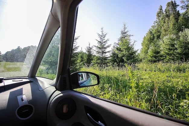 Uitzicht op boslandweg door autoglas tijdens de reis