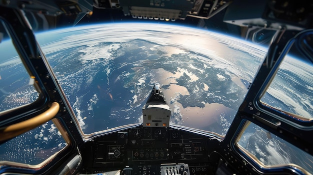 Foto uitzicht op de aarde vanuit de cockpit van de shuttle.