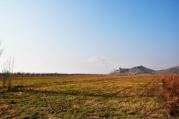 Uitzicht op de berg Ararat, het oude klooster en het gemaaide groene veld.