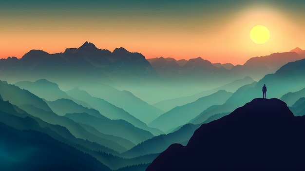 Uitzicht op de bergen bij zonsondergang in Teal en Amber