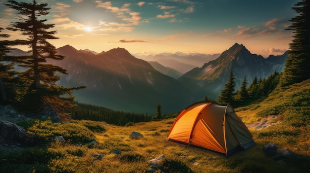 Uitzicht op de bergen in de buitenlucht met kampeer tent