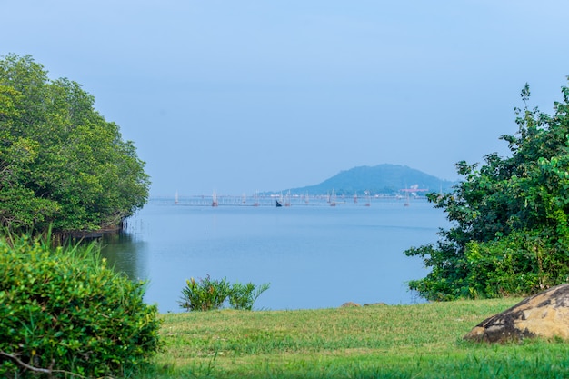 Uitzicht op de bergen vanaf Songkhla meer, Thailand met bomen en vissen kooien in het midden.