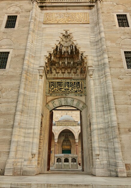 Uitzicht op de blauwe moskee door de open poort, Istanbul, Turkije.