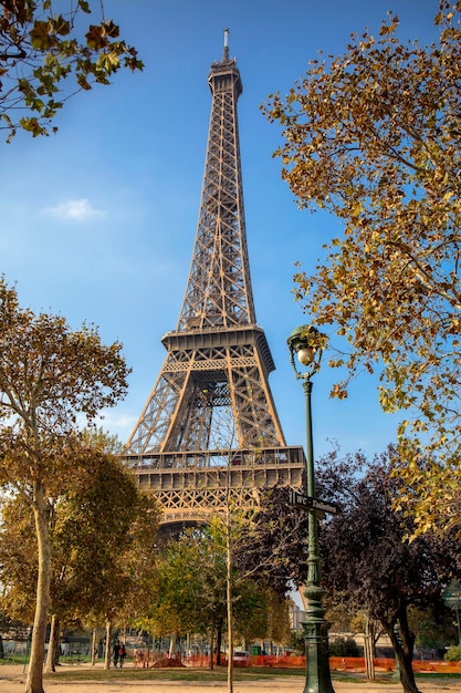 Uitzicht op de Eiffeltoren in een park in Parijs