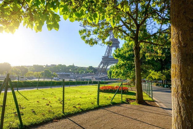 Uitzicht op de Eiffeltoren vanuit de Trocadero-tuinen in Parijs, Frankrijk