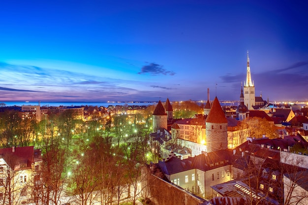 Uitzicht op de Europese stad Tallinn na zonsondergang in de schemering, reizen buiten achtergrond