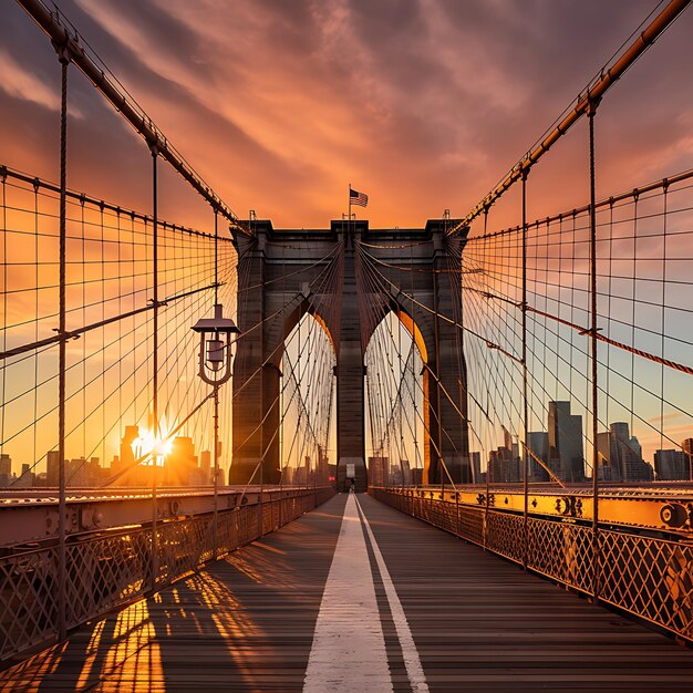 Uitzicht op de hangbrug van de Brooklyn Bridge bij zonsondergang