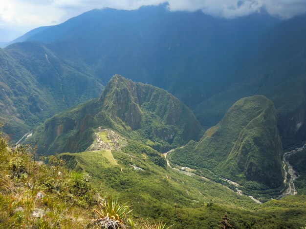 Uitzicht op de Heilige Vallei in de citadel van Machu Picchu van het Inca-rijk in Cusco Peru