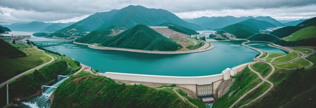 Foto uitzicht op de hydro-elektrische dam op de rivier generatieve ai