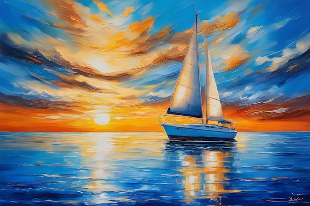 Uitzicht op de kalme zee en een zeilboot bij zonsondergang Canvas schilderij Poster afdrukbare kwaliteit