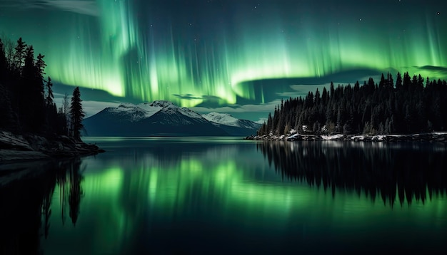 Uitzicht op de nachtelijke aurora vanaf de top reflectie op het meer Duisternis nachtelijke lucht achtergrondHoge kwaliteit echte afbeelding Result ar 74 Job ID e45d7eef4db842a7bcd5764c5c20c77e