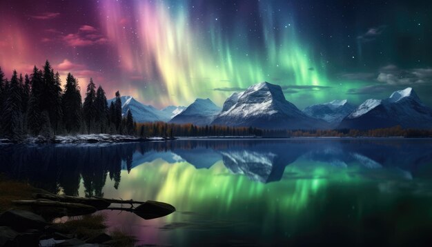 Uitzicht op de nachtelijke hemel met aurora borealis en bergtoppen op de achtergrond De nacht gloeit in levendige aurora