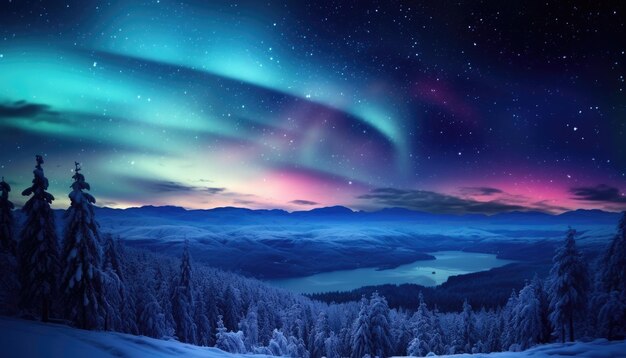 Foto uitzicht op de nachtelijke hemel met aurora borealis en bergtoppen op de achtergrond de nacht gloeit in levendige aurora