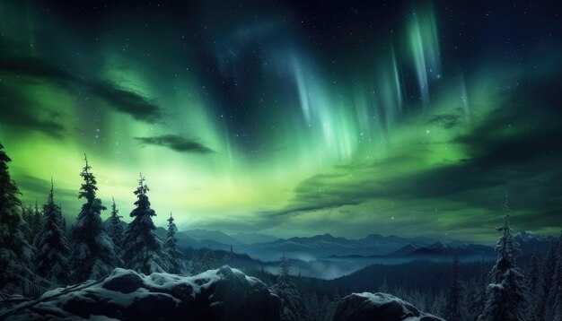 Uitzicht op de nachtelijke hemel met aurora borealis en bergtoppen op de achtergrond De nacht gloeit in levendige aurora