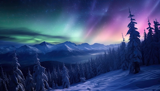 Uitzicht op de nachtelijke hemel met aurora borealis en bergtoppen op de achtergrond De nacht gloeit in levendige aurora