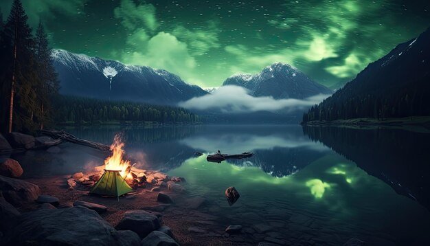 Foto uitzicht op de nachtelijke hemel met aurora borealis en bergtoppen op de achtergrond de nacht gloeit in levendige aurora