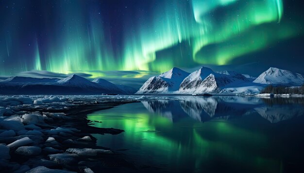 Uitzicht op de nachtelijke hemel met aurora borealis en bergtoppen op de achtergrond De nacht gloeit in levendige aurora