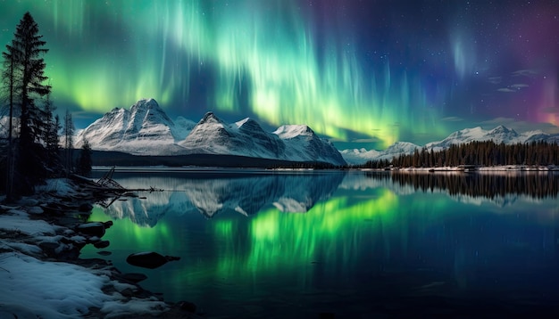Foto uitzicht op de nachtelijke hemel met aurora borealis en bergtoppen op de achtergrond de nacht gloeit in levendige aurora