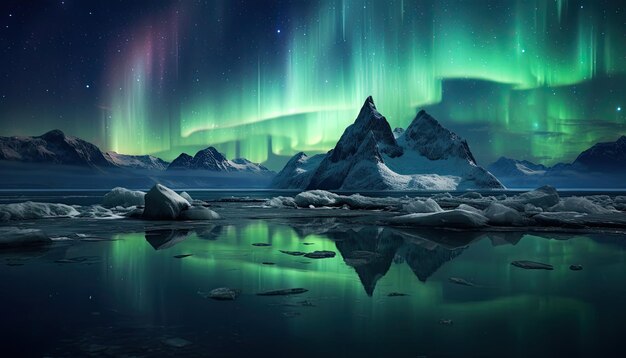 Uitzicht op de nachtelijke hemel met aurora borealis en bergtoppen op de achtergrond De nacht gloeit in levendige aurora