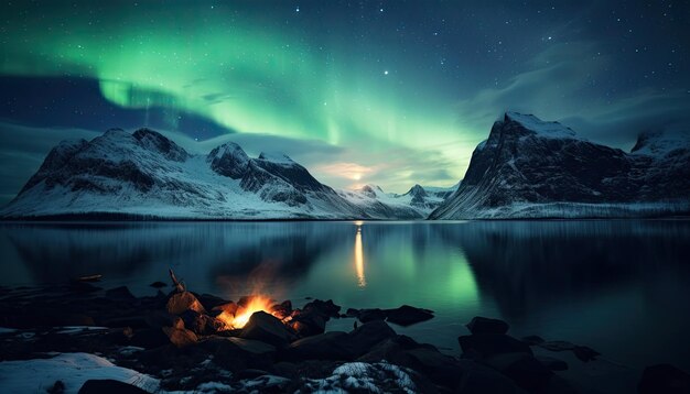 Uitzicht op de nachtelijke hemel met veelkleurige aurora borealis en besneeuwde bergen op de achtergrond