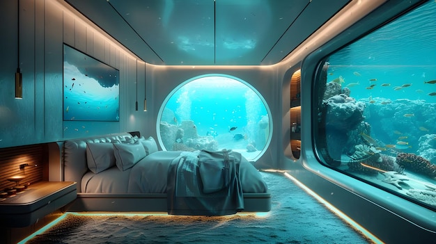 Foto uitzicht op de oceaan vanuit een ondergedompelde luxe slaapkamer