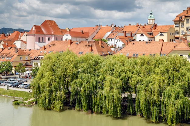 Uitzicht op de oude stad en de rivier in Slovenië