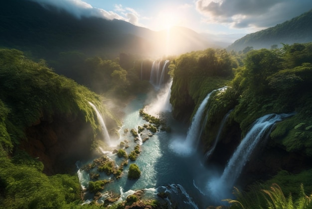 Uitzicht op de schoonheid van de waterval en zonsopgang in de ochtend van boven generatieve ai