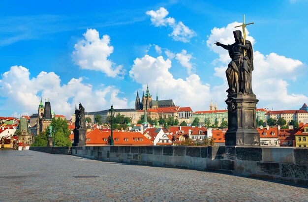 Uitzicht op de Sint-Vituskathedraal vanaf de Karelsbrug in Praag