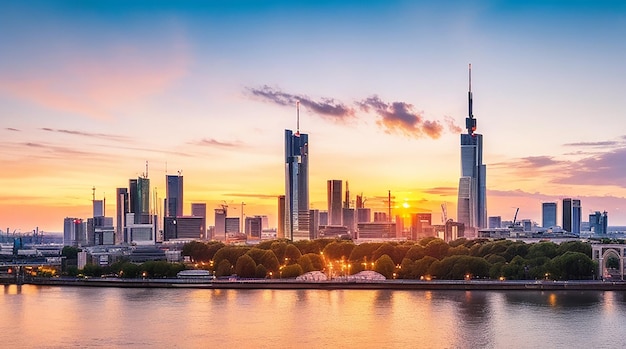 Uitzicht op de skyline van de stad Frankfurt in Duitsland bij zonsondergang