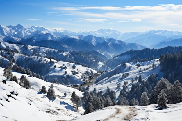 Uitzicht op de sneeuwberg in de winter vanaf de boskant