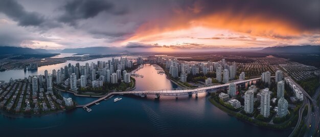 Uitzicht op de stad aan de rivier Luchtfoto Panoramische opname Generatieve AI