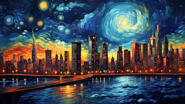 Uitzicht op de stad in de nacht illustratie kunst achtergrond
