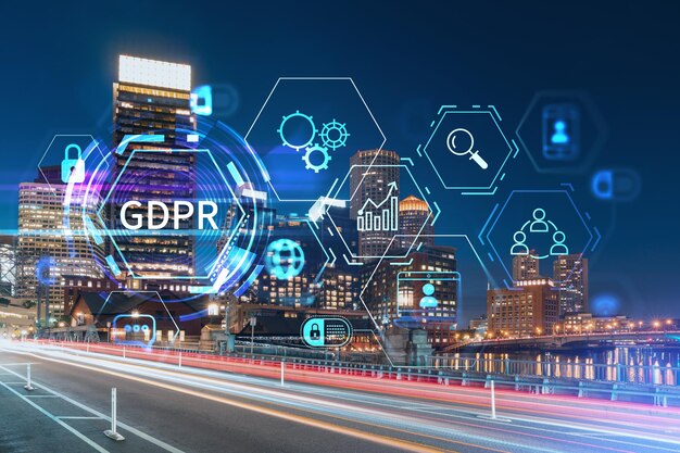 Uitzicht op de stad panorama van Boston Harbor en Seaport Blvd 's nachts Massachusetts Building buitenkanten van financiële centrum GDPR hologram is gegevensbescherming regelgeving privacy voor alle individuen