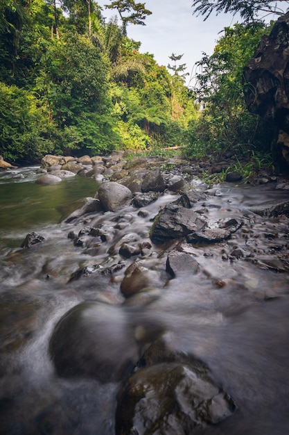 Uitzicht op de stroom van de Palak Siring Kemumu-waterval in Noord-Bengkulu, Indonesië