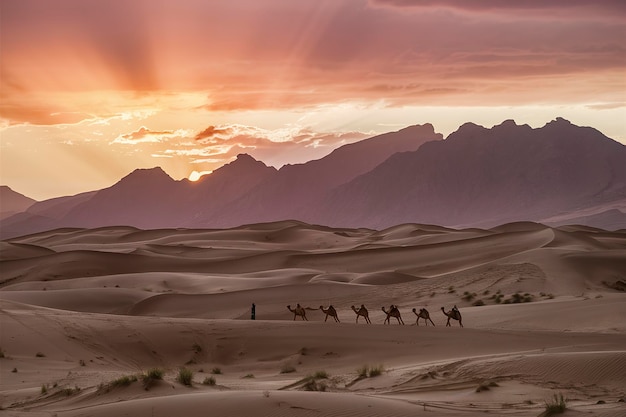 Uitzicht op de woestijn met bergen bij surise