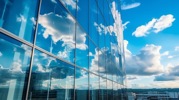Uitzicht op de wolken weerspiegeld in het gebogen glazen kantoorgebouw