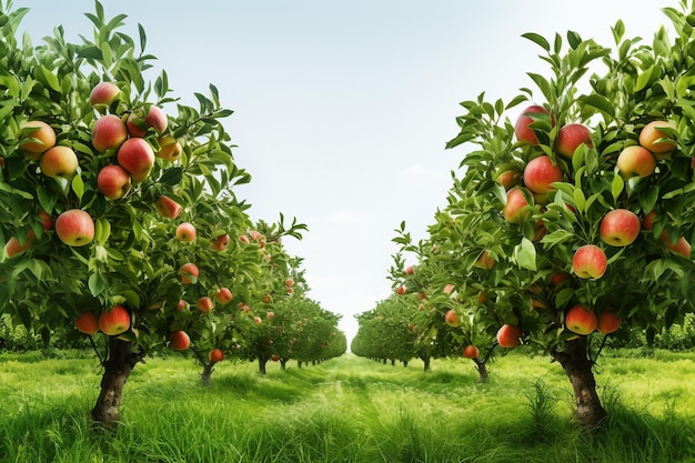 Uitzicht op een appelboomgaard met laden bomen