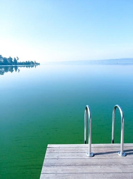 Foto uitzicht op een bloeiend groen meer met een pier