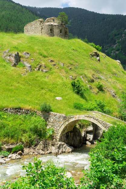 Uitzicht op een boogbrug met de oude Griekse kerk. Giresun - Turkije